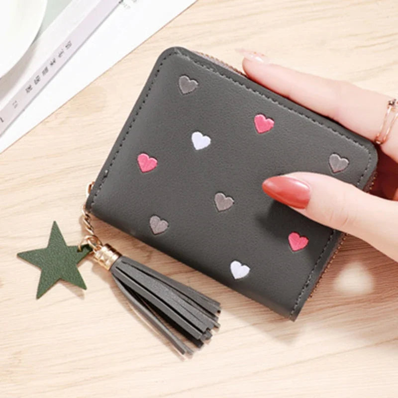 Compact Women's PU Leather Wallet with Zip, Pom Pom, and Elegant Heart Pattern
