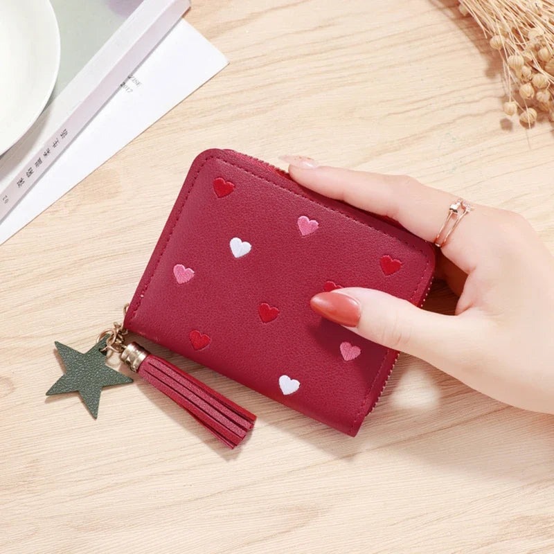 Compact Women's PU Leather Wallet with Zip, Pom Pom, and Elegant Heart Pattern