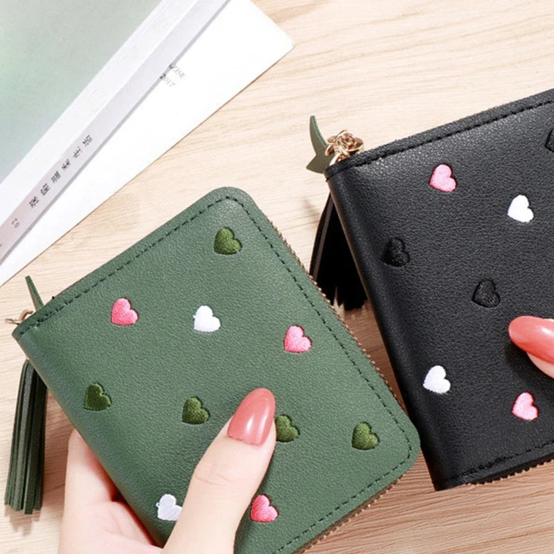 Compact Women's PU Leather Wallet with Zip, Pom Pom, and Elegant Heart Pattern Image