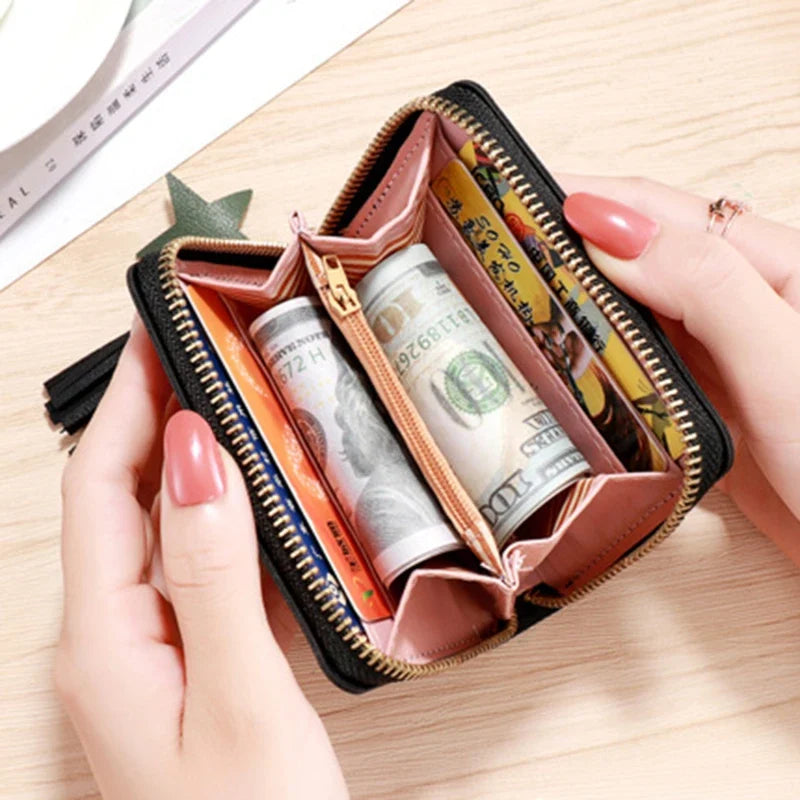 Compact Women's PU Leather Wallet with Zip, Pom Pom, and Elegant Heart Pattern