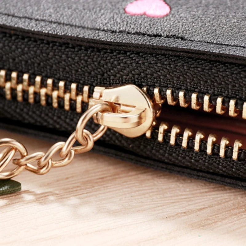 Compact Women's PU Leather Wallet with Zip, Pom Pom, and Elegant Heart Pattern