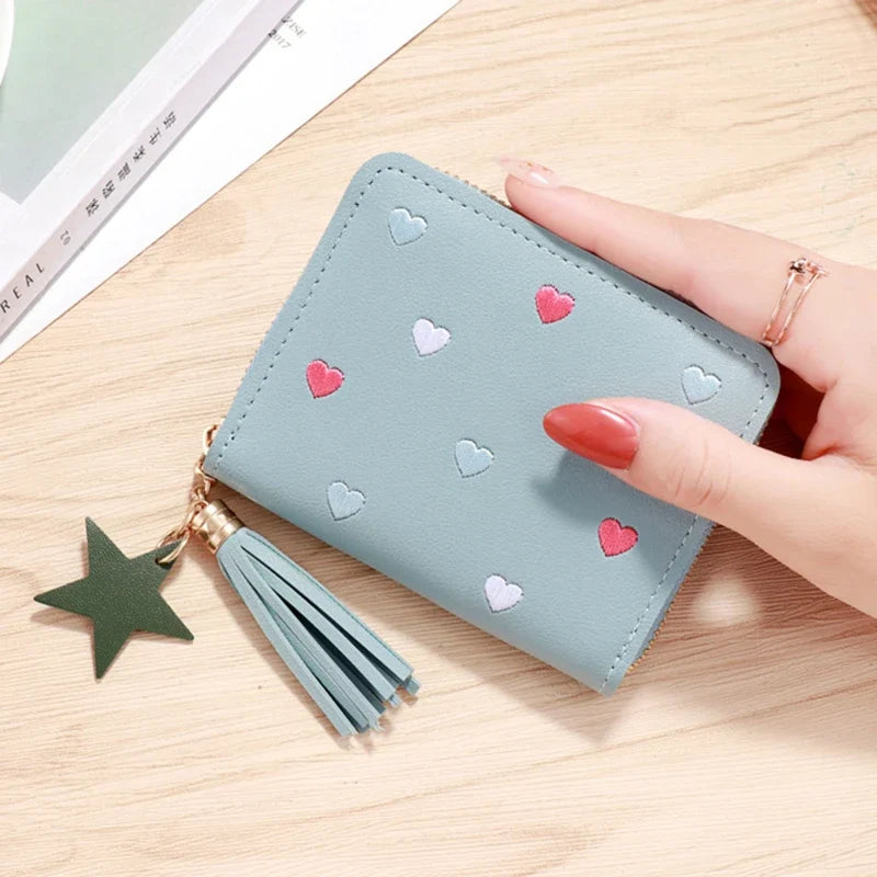 Compact Women's PU Leather Wallet with Zip, Pom Pom, and Elegant Heart Pattern