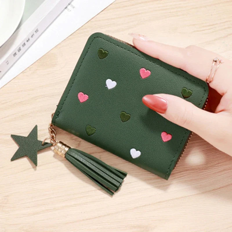 Compact Women's PU Leather Wallet with Zip, Pom Pom, and Elegant Heart Pattern