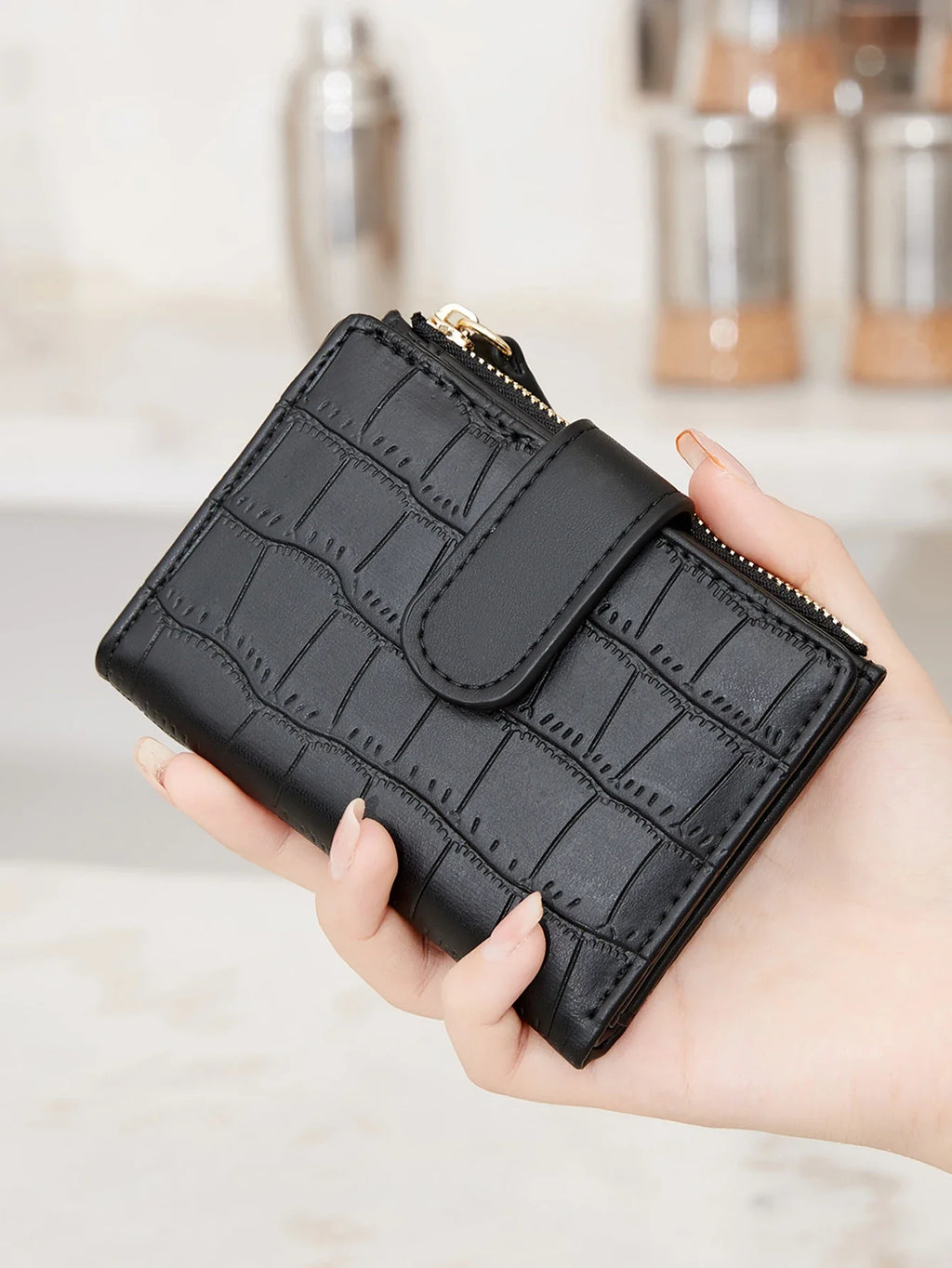 Compact Women's Wallet in Crocodile Effect PU Leather with Flap and Snap Button