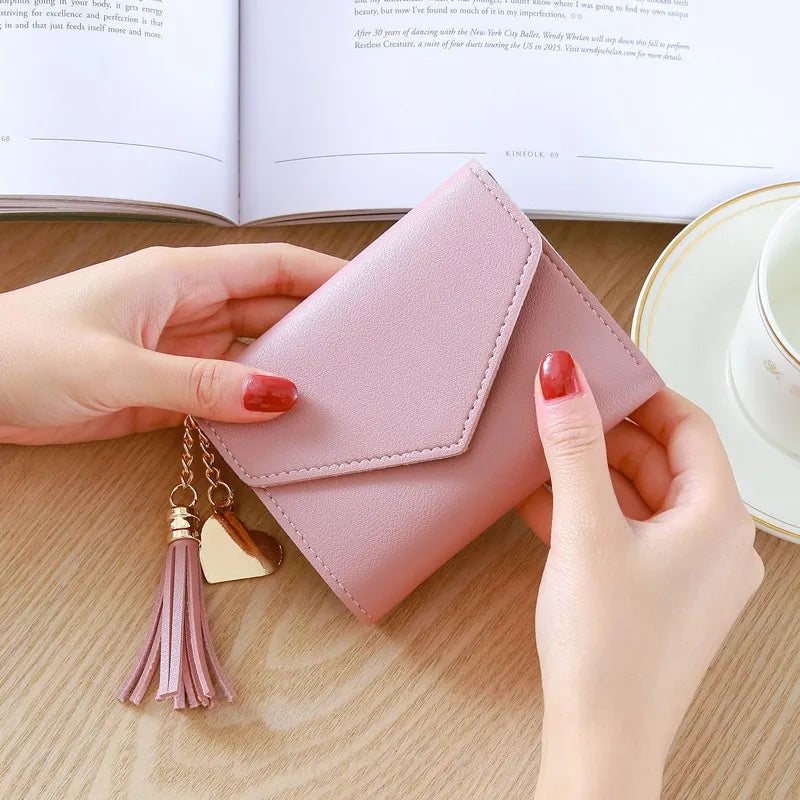 Compact Women's PU Leather Wallet with Flap and Elegant Pom Pom