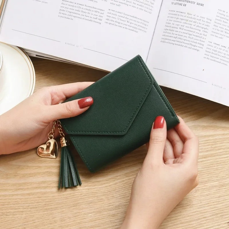 Compact Women's PU Leather Wallet with Flap and Elegant Pom Pom