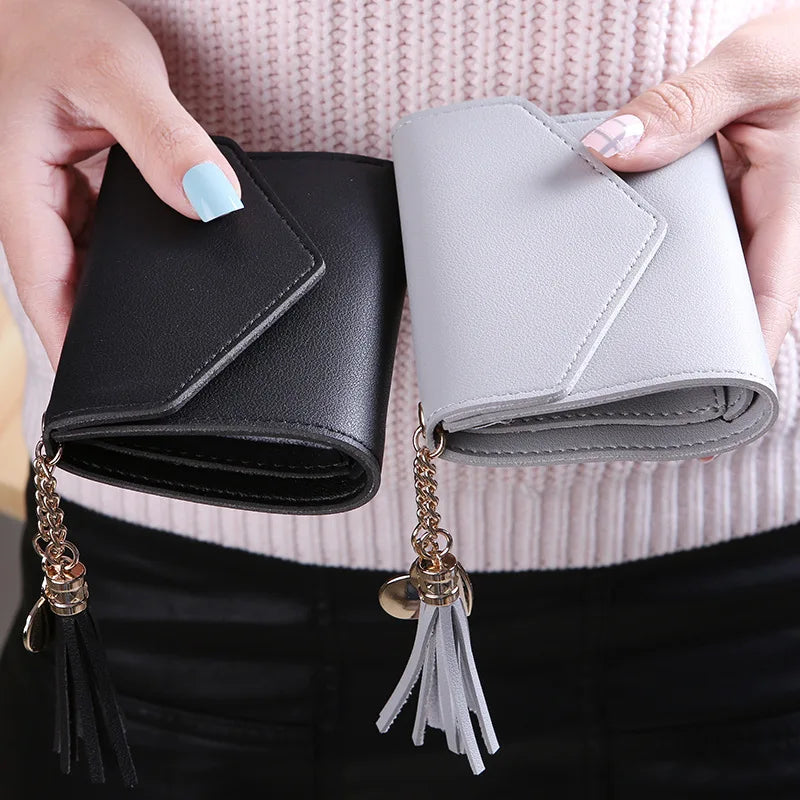 Compact Women's PU Leather Wallet with Flap and Elegant Pom Pom