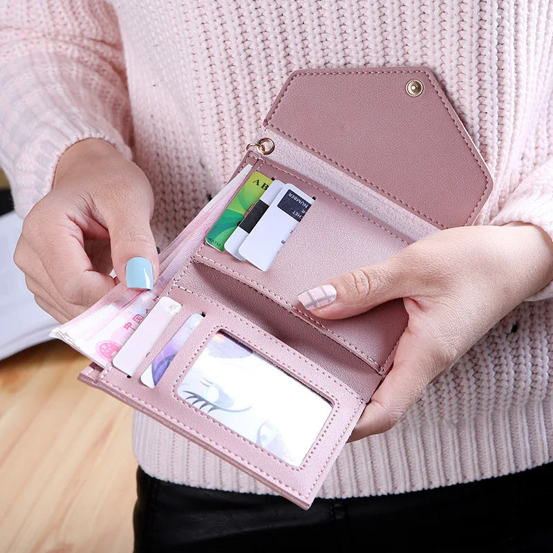 Compact Women's PU Leather Wallet with Flap and Elegant Pom Pom