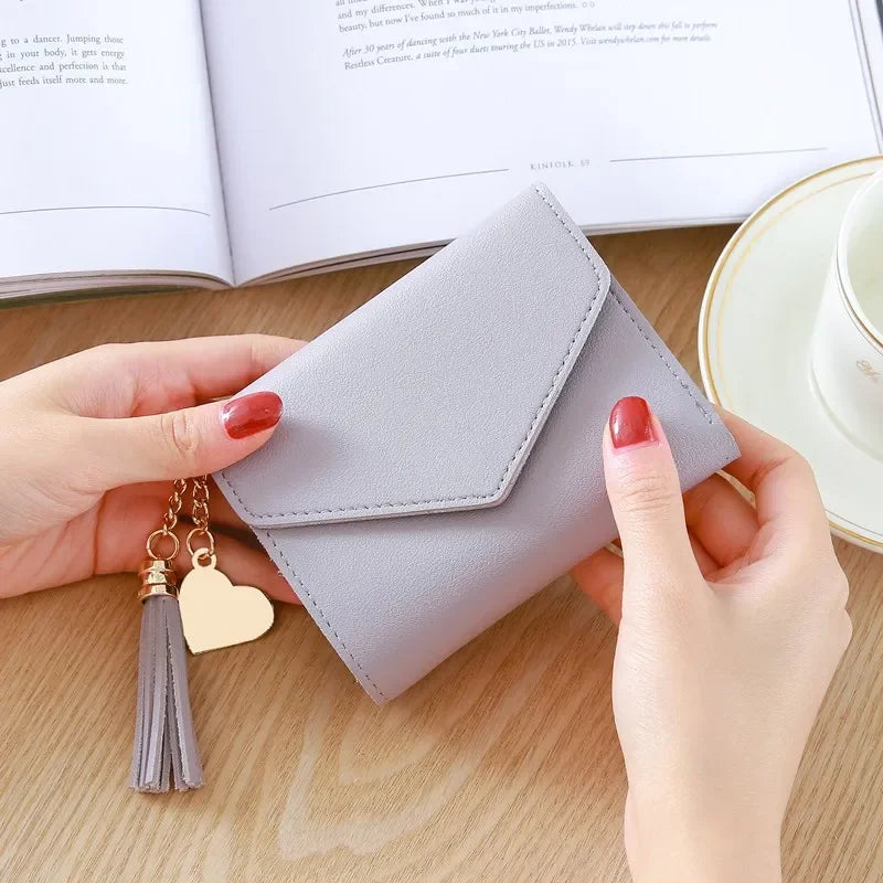 Compact Women's PU Leather Wallet with Flap and Elegant Pom Pom