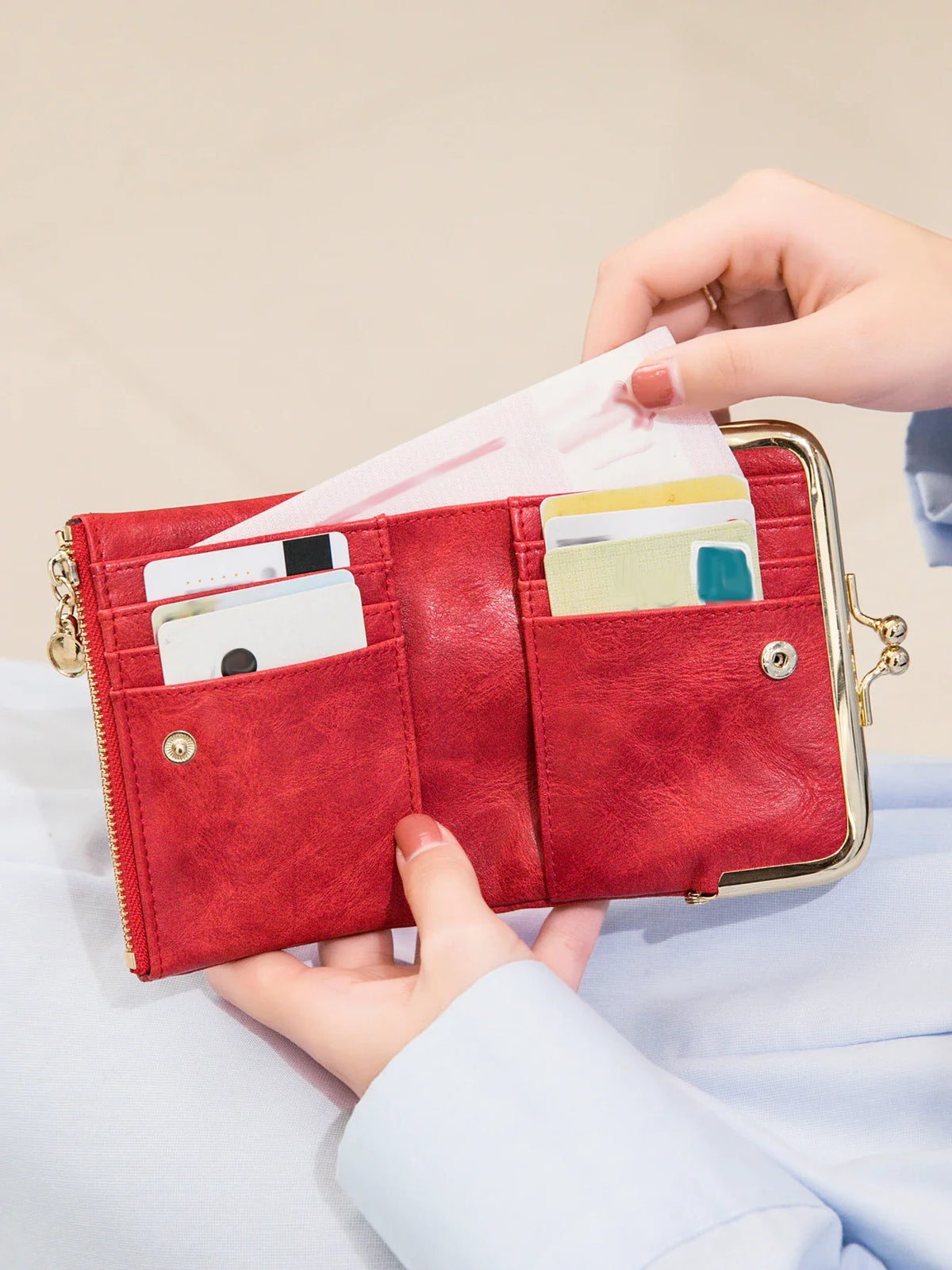 Compact Women's PU Leather Wallet with Clip and Zip Closure Image