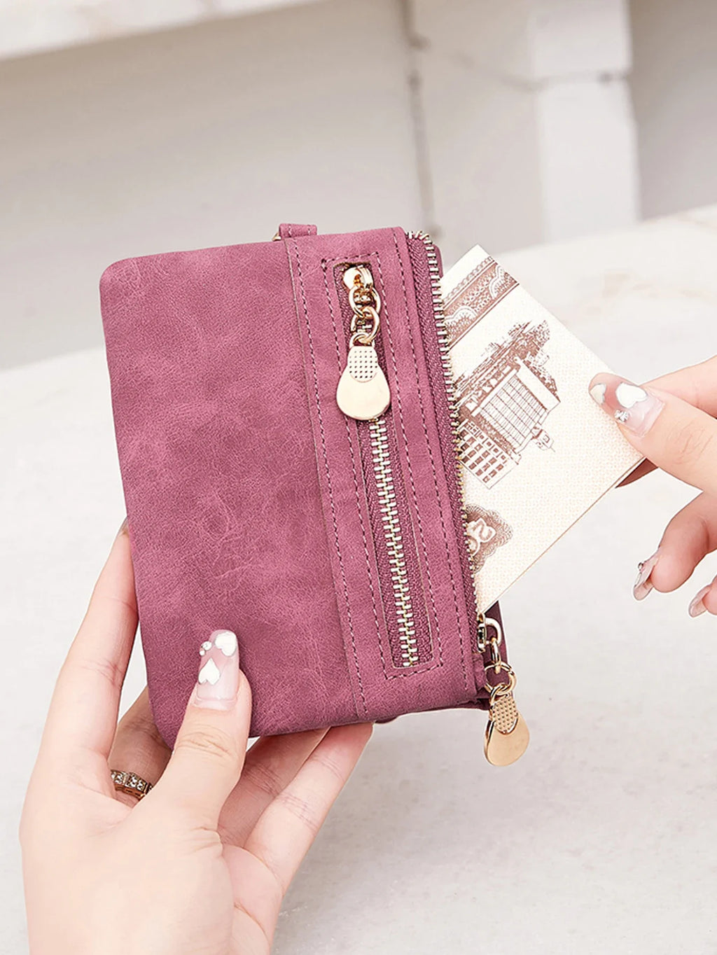 Compact Women's PU Leather Wallet with Zip and Removable Strap