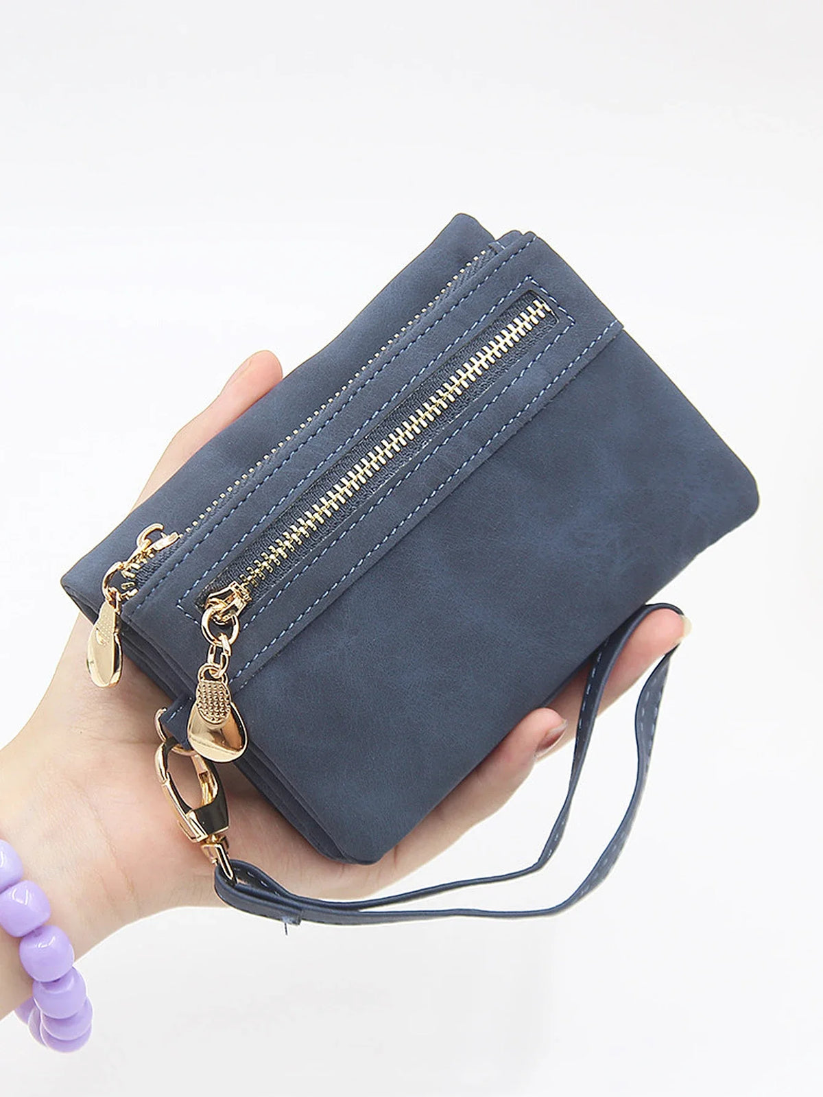 Compact Women's PU Leather Wallet with Zip and Removable Strap