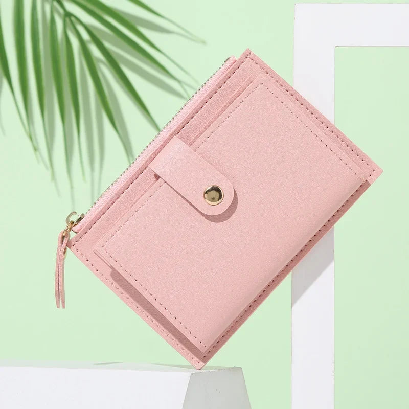 Compact Women's PU Leather Wallet with Zip and Snap Button Multi-Card Holder
