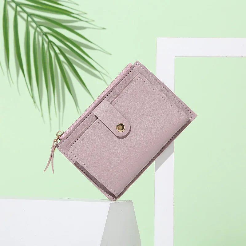 Compact Women's PU Leather Wallet with Zip and Snap Button Multi-Card Holder