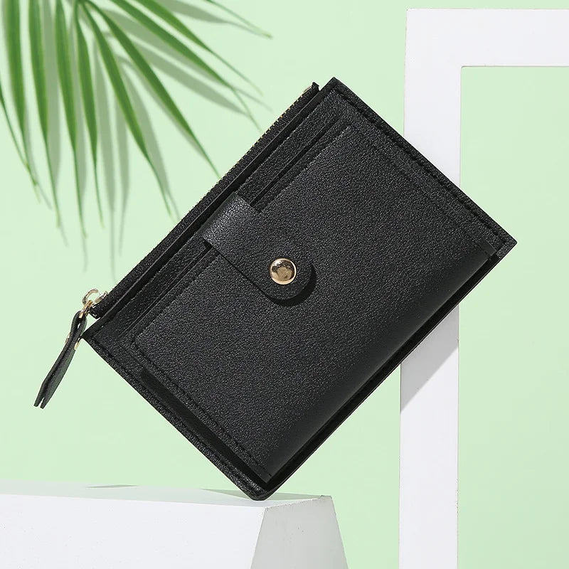 Compact Women's PU Leather Wallet with Zip and Snap Button Multi-Card Holder