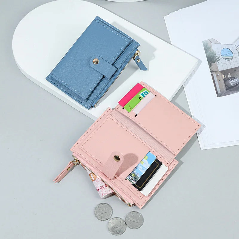 Compact Women's PU Leather Wallet with Zip and Snap Button Multi-Card Holder Image