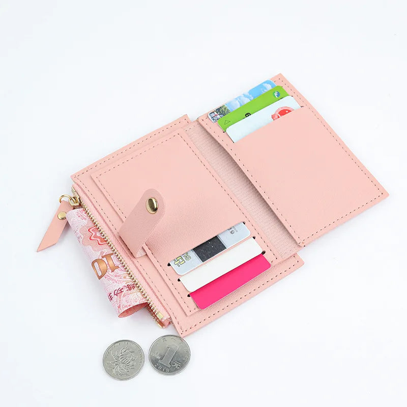 Compact Women's PU Leather Wallet with Zip and Snap Button Multi-Card Holder