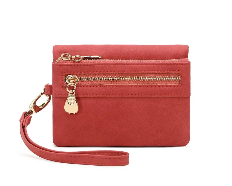 Compact Women's PU Leather Wallet with Zip, Wrist Strap, and Multiple Compartments