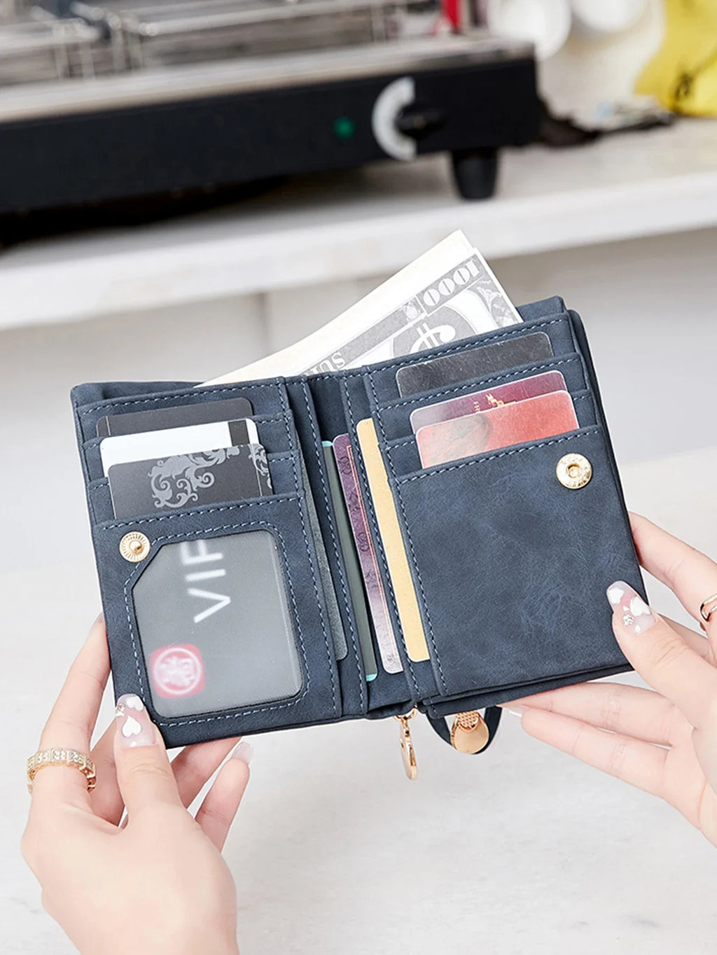 Compact Women's PU Leather Wallet with Zip, Wrist Strap, and Multiple Compartments