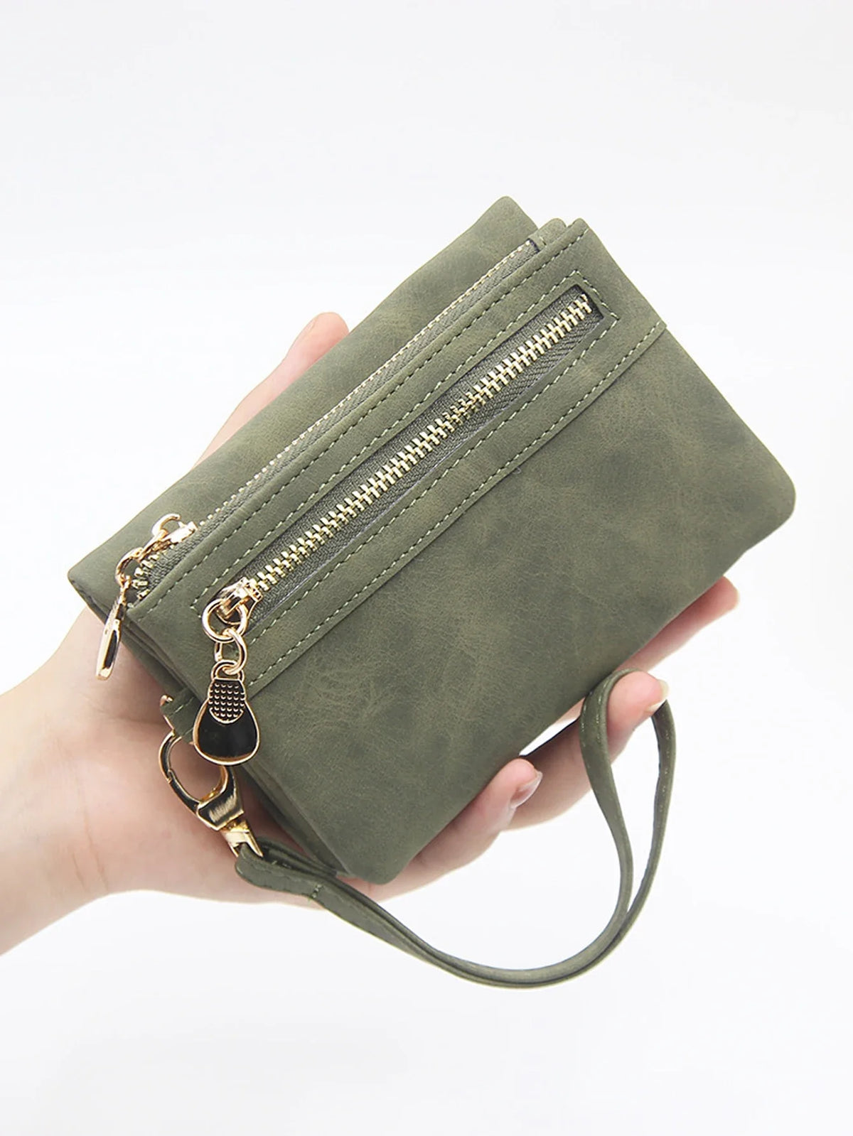Compact Women's PU Leather Wallet with Zip, Wrist Strap, and Multiple Compartments