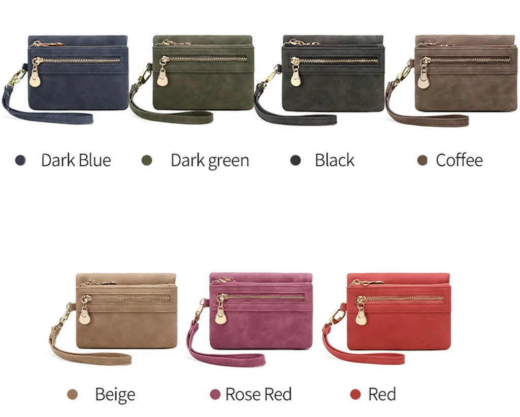Compact Women's PU Leather Wallet with Zip, Wrist Strap, and Multiple Compartments