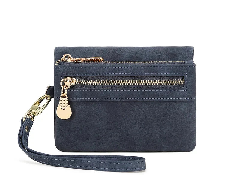 Compact Women's PU Leather Wallet with Zip, Wrist Strap, and Multiple Compartments