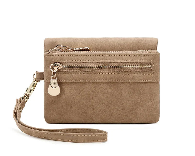 Compact Women's PU Leather Wallet with Zip, Wrist Strap, and Multiple Compartments