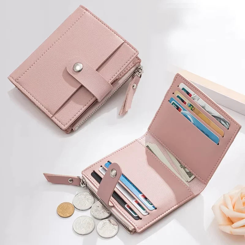 Compact Women's PU Leather Wallet with Zipper Closure and Card Holder Image