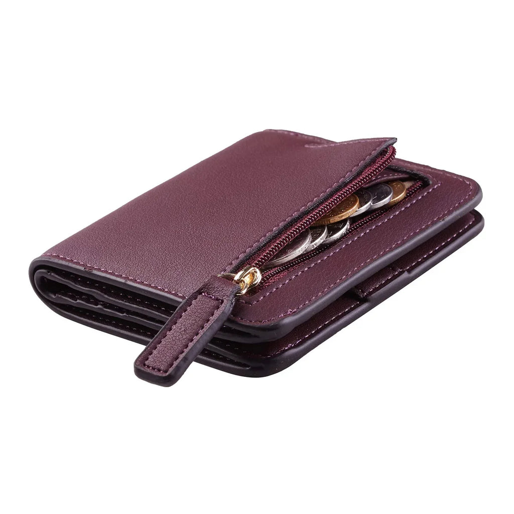 Compact Women's PU Leather RFID Wallet with Snap Closure and Secure Card Holder