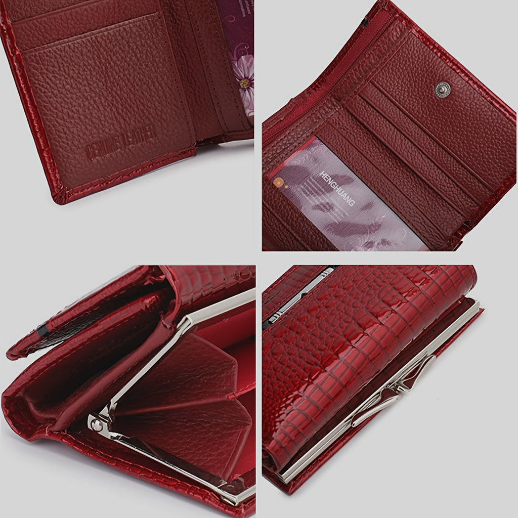 Women's Short Croc-Embossed Patent Wallet with Clip Closure
