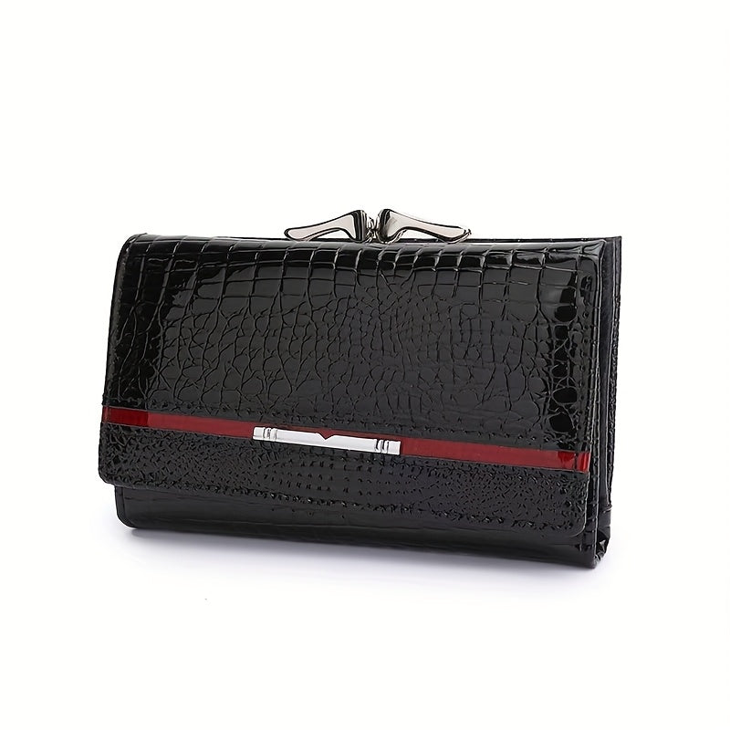Women's Short Croc-Embossed Patent Wallet with Clip Closure