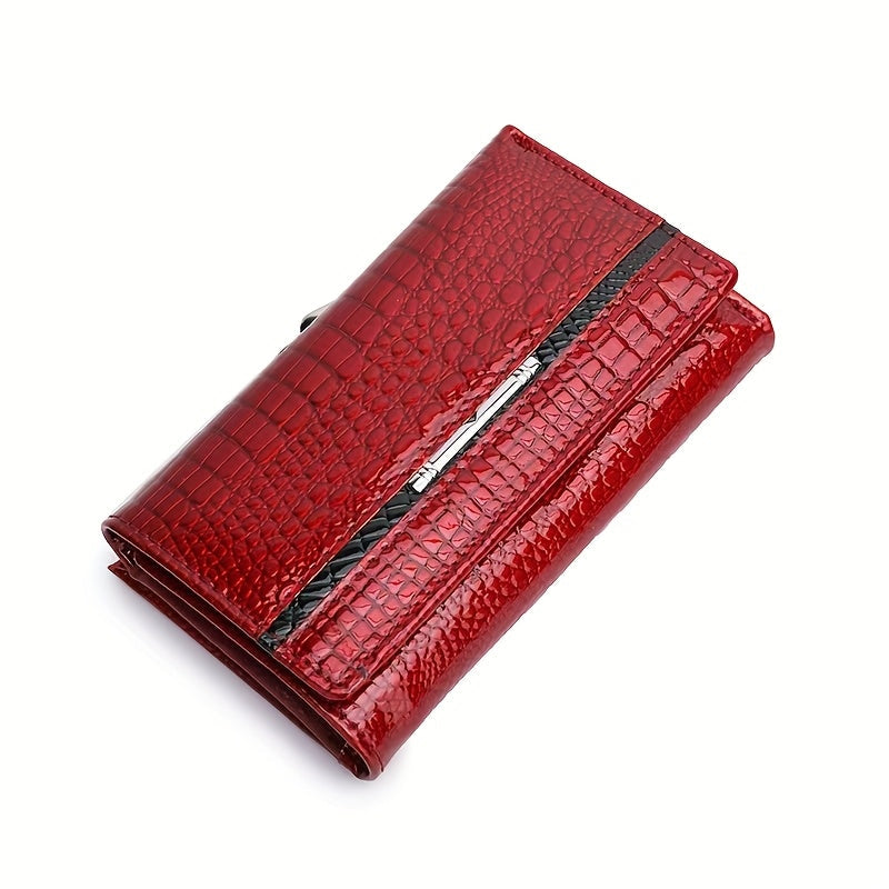 Women's Short Croc-Embossed Patent Wallet with Clip Closure
