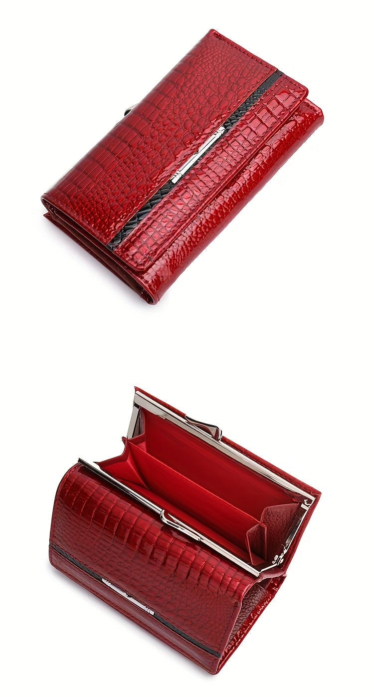 Women's Short Croc-Embossed Patent Wallet with Clip Closure