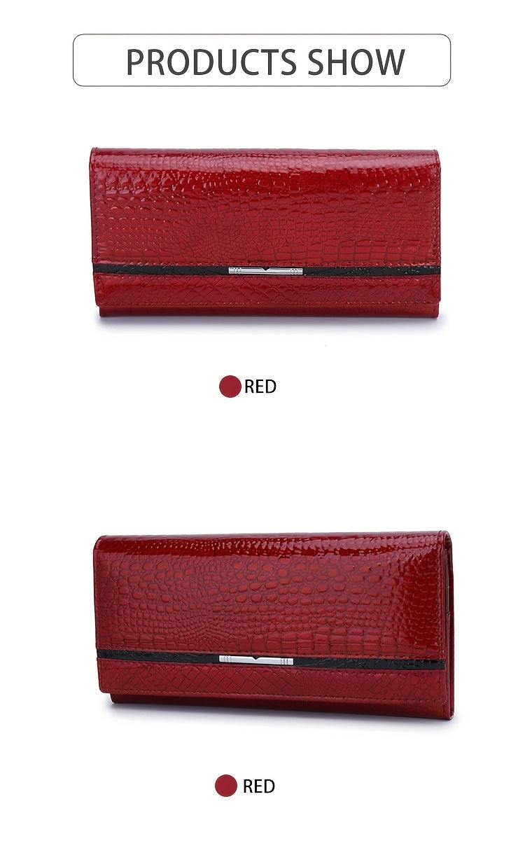 Women's Long Croc-Embossed Patent Wallet with Genuine Leather Lining