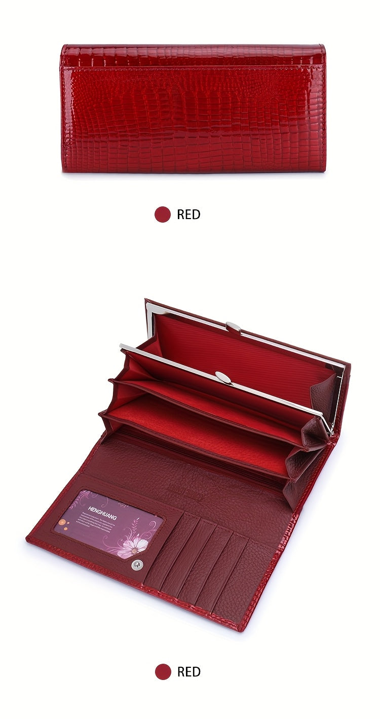 Women's Long Croc-Embossed Patent Wallet with Genuine Leather Lining