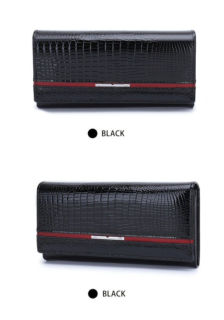 Women's Long Croc-Embossed Patent Wallet with Genuine Leather Lining