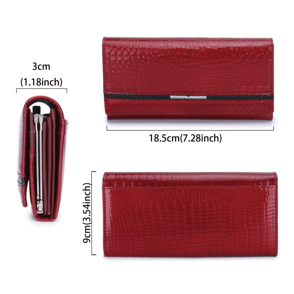 Women's Long Croc-Embossed Patent Wallet with Genuine Leather Lining