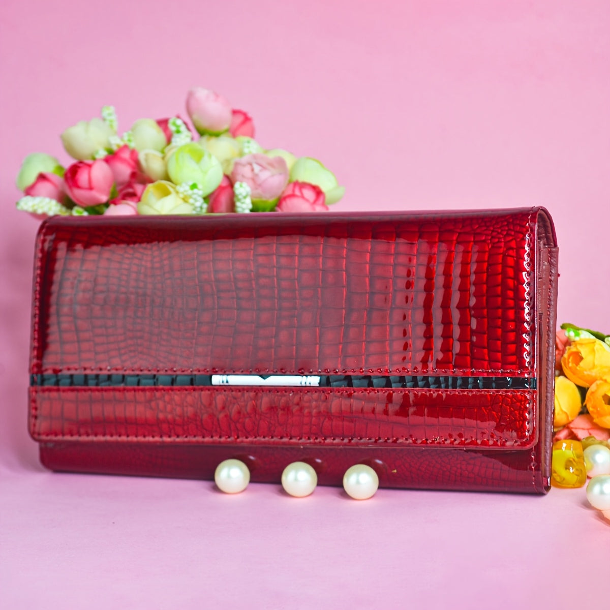 Women's Patent Crocodile Wallet with Two Branch Frame