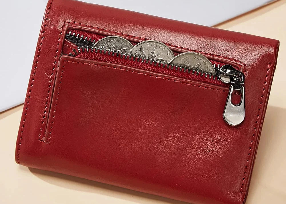 Compact Genuine Leather Women's Wallet with Card Holder and Zippered Pocket