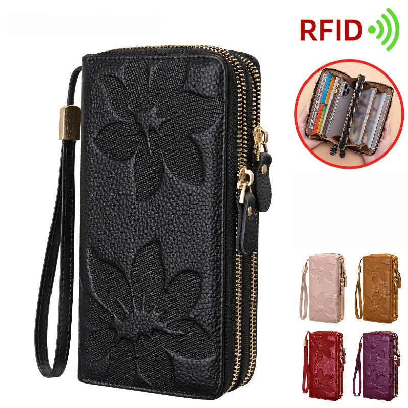 Women's Leather Wallet with Embossed Flowers, 4 cm Thick