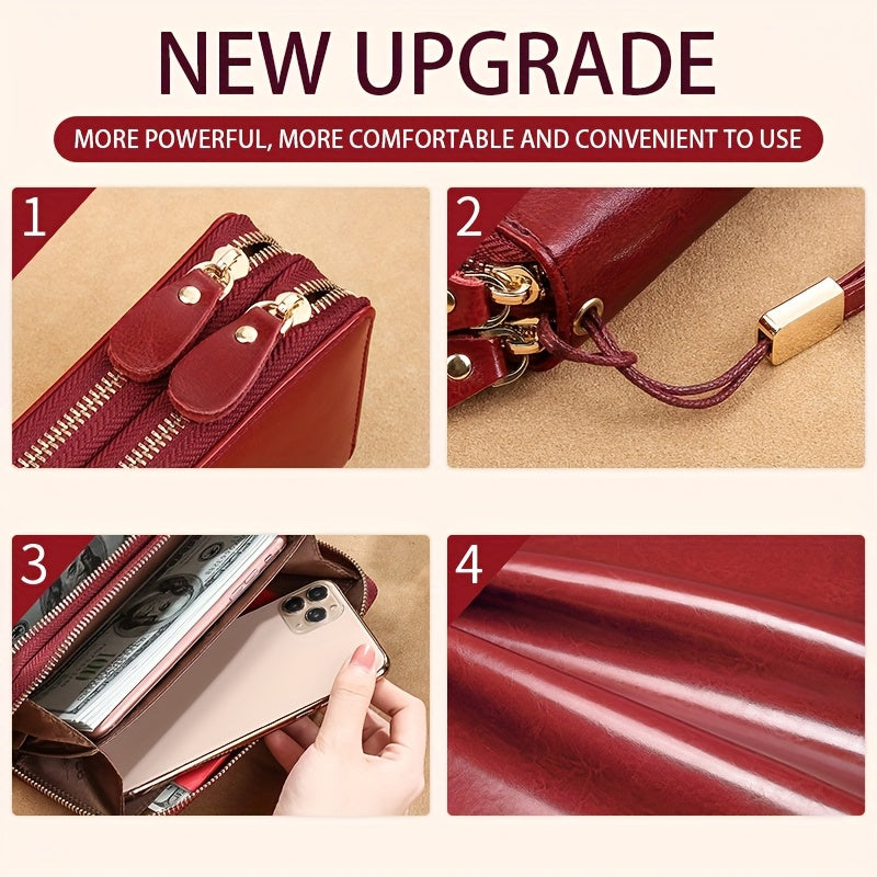 Women's RFID-Blocking Zippered Wallet in Oiled Leather, 20 cm