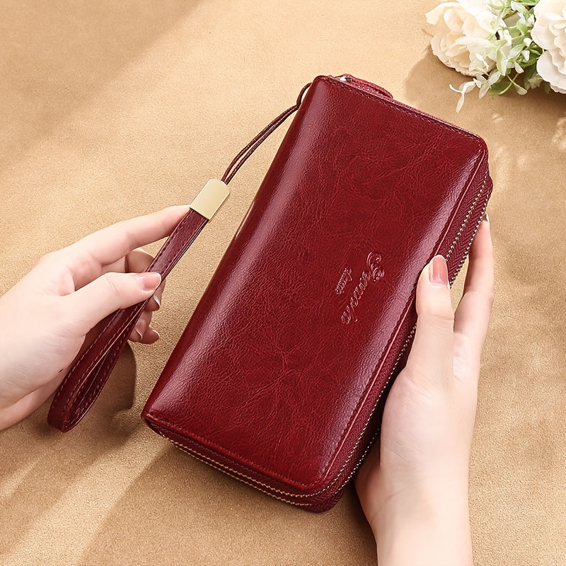 Women's RFID-Blocking Zippered Wallet in Oiled Leather, 20 cm