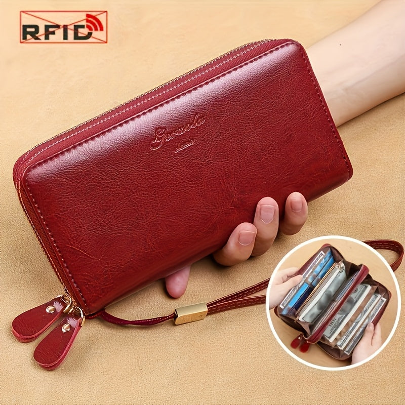 Women's RFID-Blocking Zippered Wallet in Oiled Leather, 20 cm