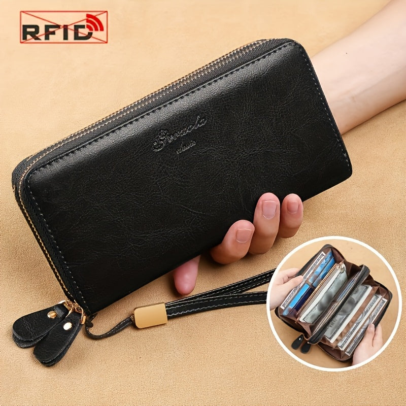 Women's RFID-Blocking Zippered Wallet in Oiled Leather, 20 cm
