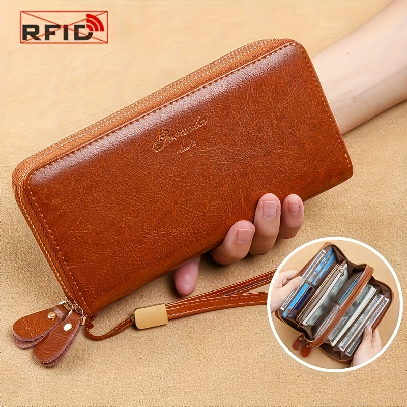 Women's RFID-Blocking Zippered Wallet in Oiled Leather, 20 cm