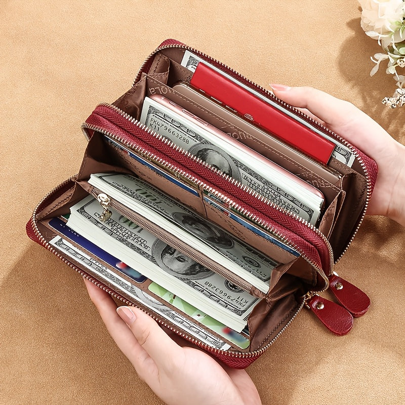 Women's RFID-Blocking Zippered Wallet in Oiled Leather, 20 cm