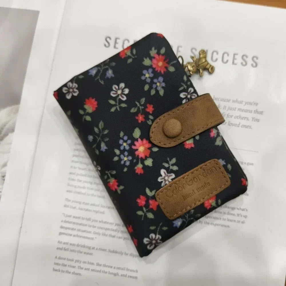 Women's Compact Floral Print PU Leather Wallet with Zip and Snap Button