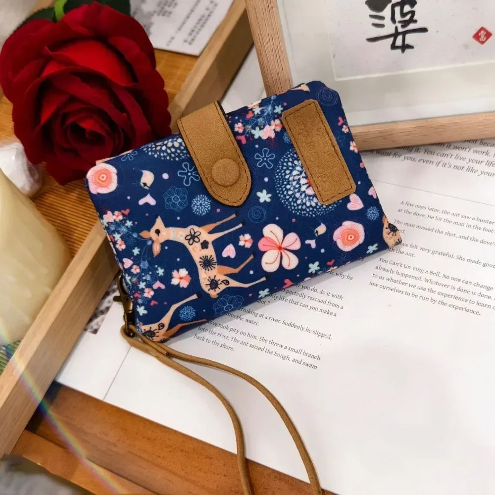 Women's Compact Floral Print PU Leather Wallet with Zip and Snap Button