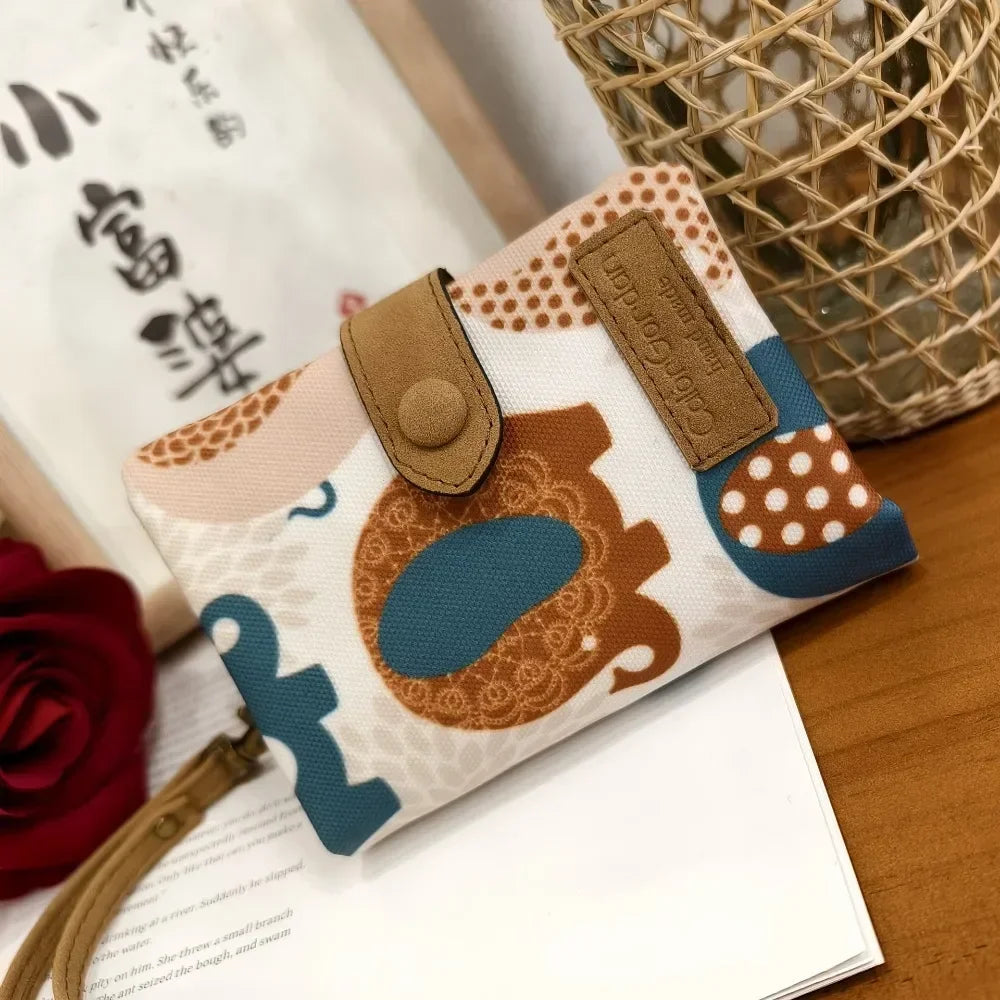 Women's Compact Floral Print PU Leather Wallet with Zip and Snap Button