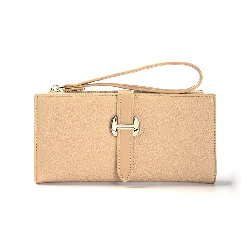 Women's Long PU Leather Wallet with Wrist Strap and Elegant Zipper Closure